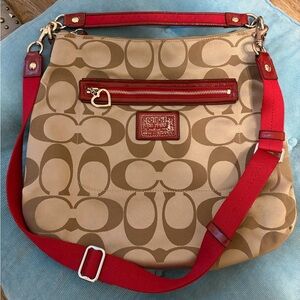 Coach Y2K Poppy Red and Tan Signature Canvas Shoulder & Crossbody Bag Hobo Purse